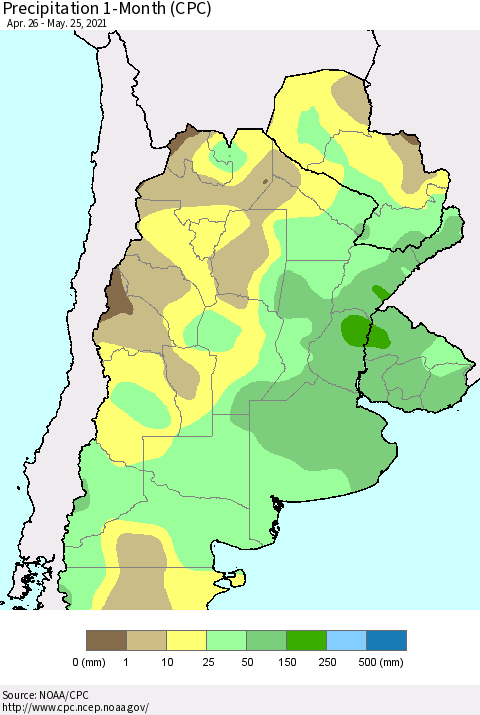 Southern South America Precipitation 1-Month (CPC) Thematic Map For 4/26/2021 - 5/25/2021