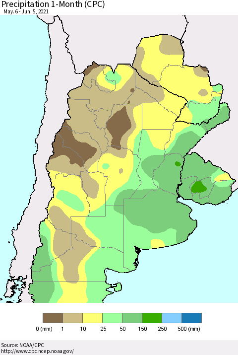 Southern South America Precipitation 1-Month (CPC) Thematic Map For 5/6/2021 - 6/5/2021