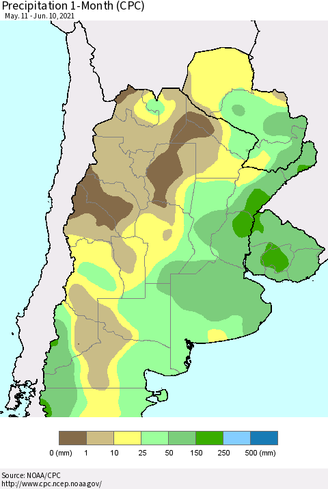Southern South America Precipitation 1-Month (CPC) Thematic Map For 5/11/2021 - 6/10/2021