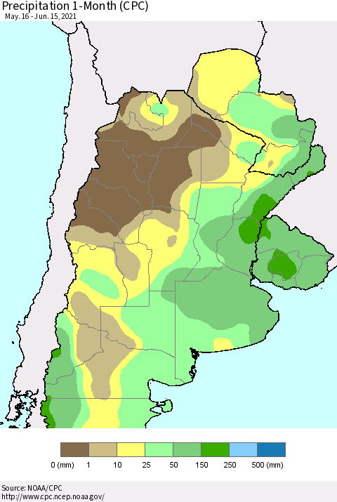 Southern South America Precipitation 1-Month (CPC) Thematic Map For 5/16/2021 - 6/15/2021