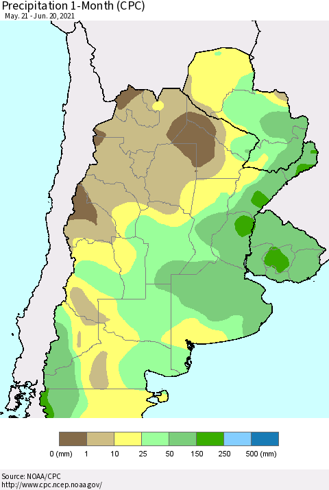 Southern South America Precipitation 1-Month (CPC) Thematic Map For 5/21/2021 - 6/20/2021