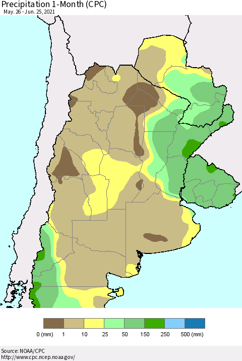 Southern South America Precipitation 1-Month (CPC) Thematic Map For 5/26/2021 - 6/25/2021