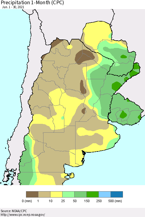 Southern South America Precipitation 1-Month (CPC) Thematic Map For 6/1/2021 - 6/30/2021