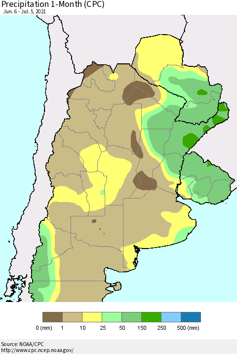 Southern South America Precipitation 1-Month (CPC) Thematic Map For 6/6/2021 - 7/5/2021
