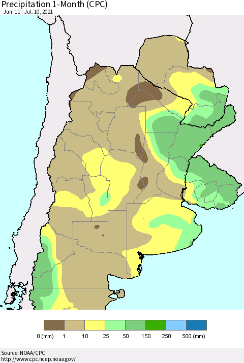 Southern South America Precipitation 1-Month (CPC) Thematic Map For 6/11/2021 - 7/10/2021