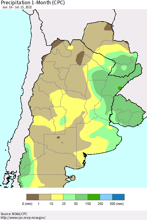Southern South America Precipitation 1-Month (CPC) Thematic Map For 6/16/2021 - 7/15/2021