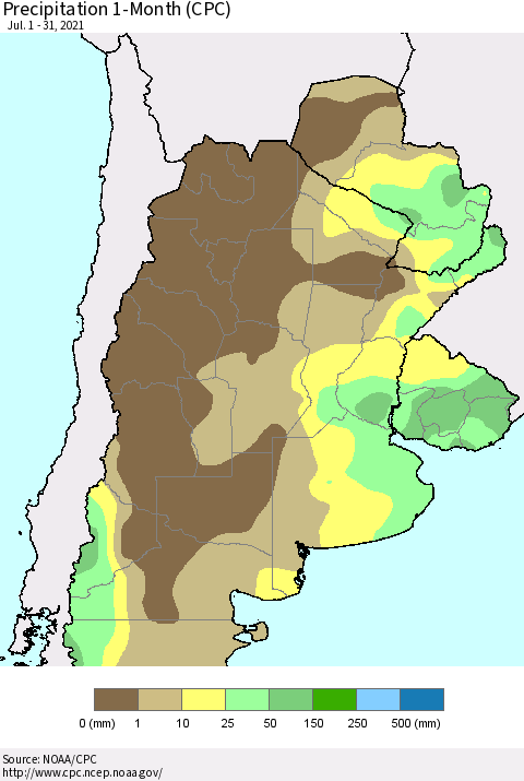 Southern South America Precipitation 1-Month (CPC) Thematic Map For 7/1/2021 - 7/31/2021