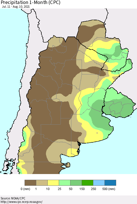 Southern South America Precipitation 1-Month (CPC) Thematic Map For 7/11/2021 - 8/10/2021