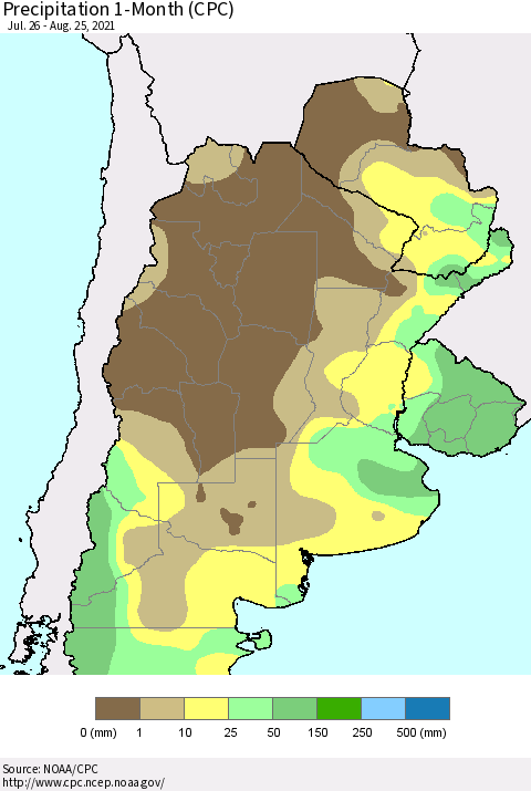 Southern South America Precipitation 1-Month (CPC) Thematic Map For 7/26/2021 - 8/25/2021