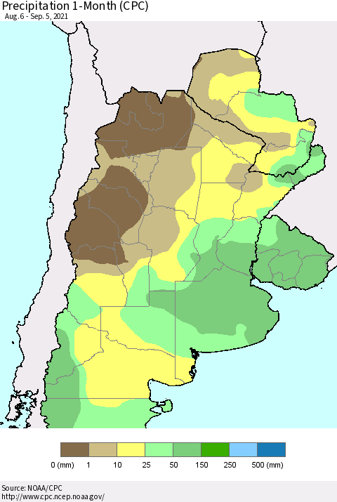 Southern South America Precipitation 1-Month (CPC) Thematic Map For 8/6/2021 - 9/5/2021