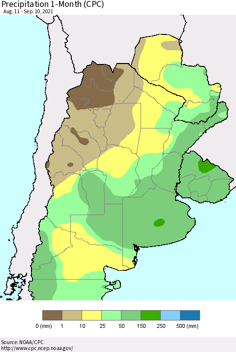 Southern South America Precipitation 1-Month (CPC) Thematic Map For 8/11/2021 - 9/10/2021