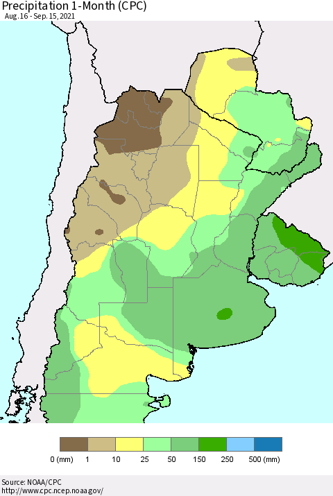 Southern South America Precipitation 1-Month (CPC) Thematic Map For 8/16/2021 - 9/15/2021