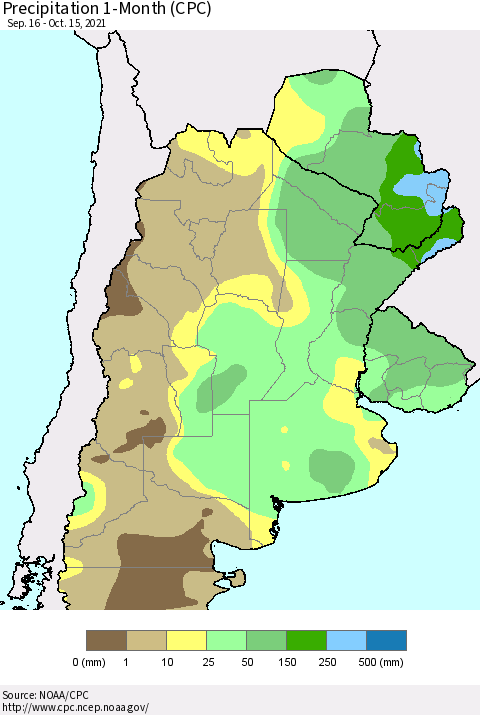 Southern South America Precipitation 1-Month (CPC) Thematic Map For 9/16/2021 - 10/15/2021