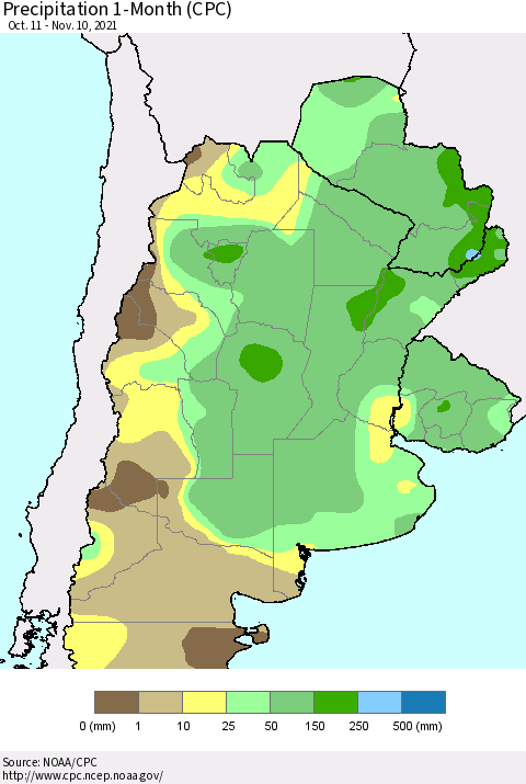 Southern South America Precipitation 1-Month (CPC) Thematic Map For 10/11/2021 - 11/10/2021