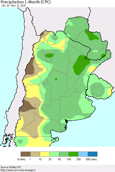 Southern South America Precipitation 1-Month (CPC) Thematic Map For 10/16/2021 - 11/15/2021