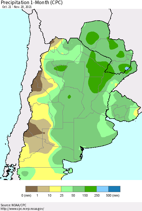 Southern South America Precipitation 1-Month (CPC) Thematic Map For 10/21/2021 - 11/20/2021