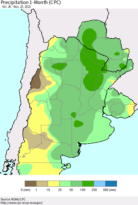 Southern South America Precipitation 1-Month (CPC) Thematic Map For 10/26/2021 - 11/25/2021