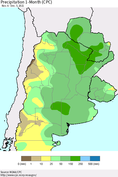 Southern South America Precipitation 1-Month (CPC) Thematic Map For 11/6/2021 - 12/5/2021