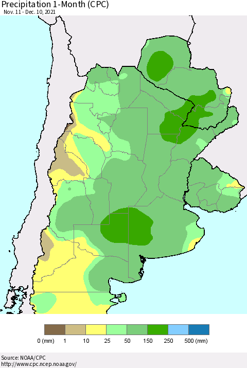 Southern South America Precipitation 1-Month (CPC) Thematic Map For 11/11/2021 - 12/10/2021