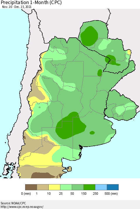 Southern South America Precipitation 1-Month (CPC) Thematic Map For 11/16/2021 - 12/15/2021