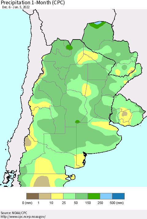 Southern South America Precipitation 1-Month (CPC) Thematic Map For 12/6/2021 - 1/5/2022