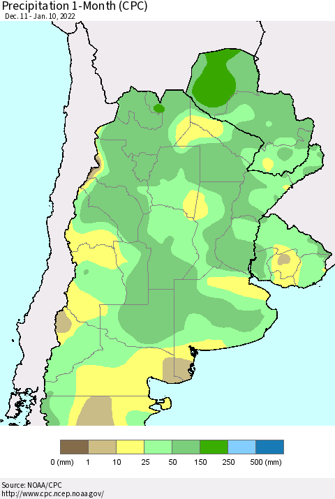 Southern South America Precipitation 1-Month (CPC) Thematic Map For 12/11/2021 - 1/10/2022