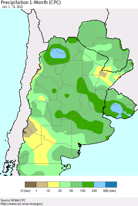 Southern South America Precipitation 1-Month (CPC) Thematic Map For 1/1/2022 - 1/31/2022