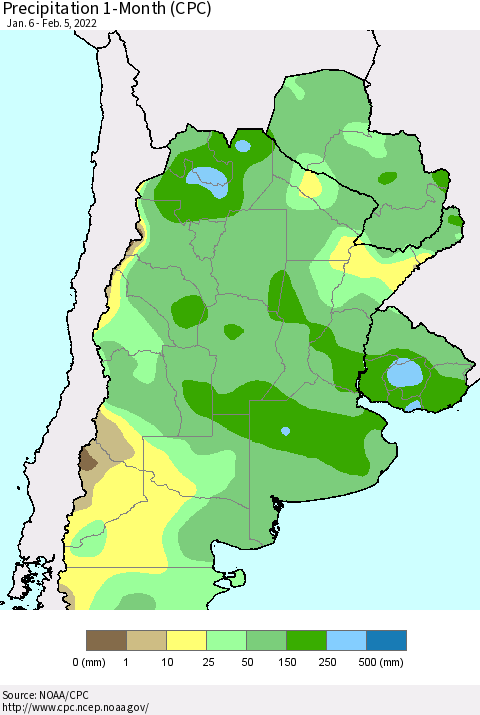 Southern South America Precipitation 1-Month (CPC) Thematic Map For 1/6/2022 - 2/5/2022