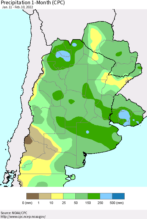 Southern South America Precipitation 1-Month (CPC) Thematic Map For 1/11/2022 - 2/10/2022
