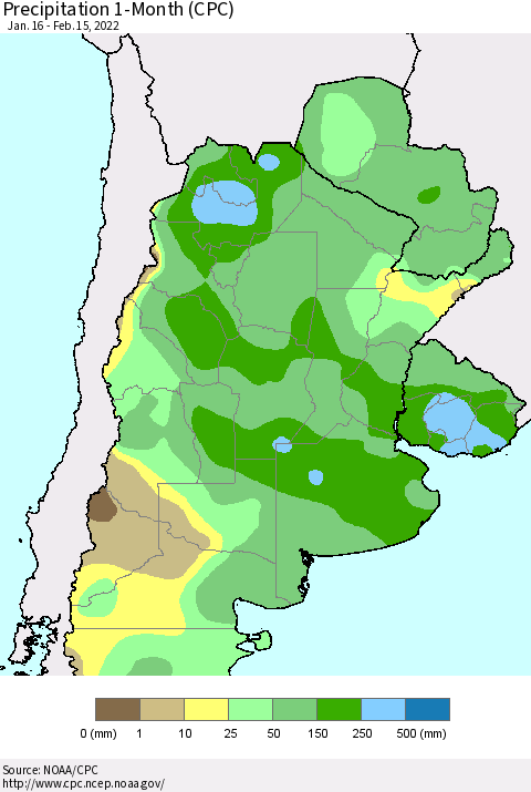 Southern South America Precipitation 1-Month (CPC) Thematic Map For 1/16/2022 - 2/15/2022