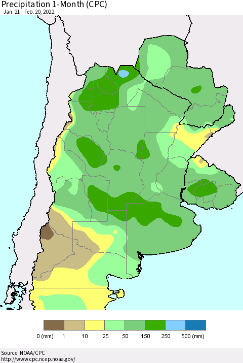 Southern South America Precipitation 1-Month (CPC) Thematic Map For 1/21/2022 - 2/20/2022