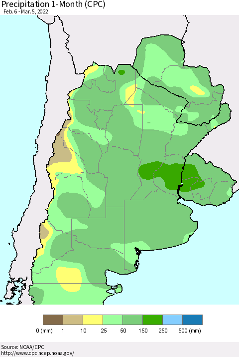 Southern South America Precipitation 1-Month (CPC) Thematic Map For 2/6/2022 - 3/5/2022