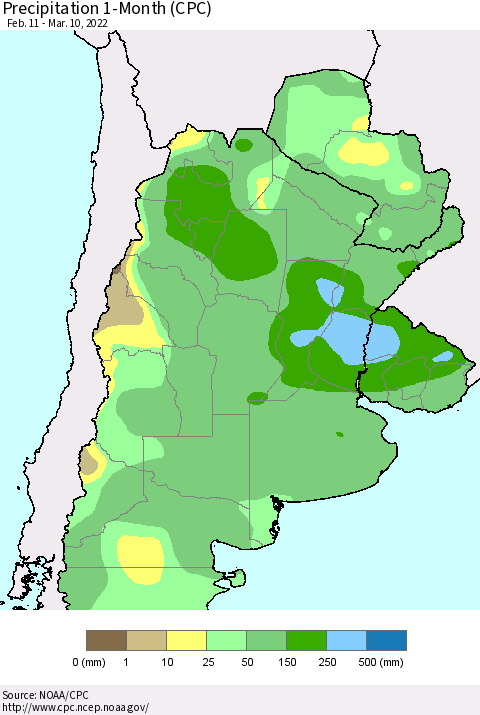 Southern South America Precipitation 1-Month (CPC) Thematic Map For 2/11/2022 - 3/10/2022
