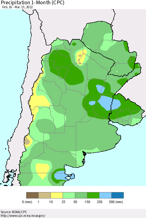Southern South America Precipitation 1-Month (CPC) Thematic Map For 2/16/2022 - 3/15/2022
