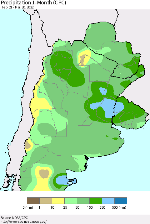 Southern South America Precipitation 1-Month (CPC) Thematic Map For 2/21/2022 - 3/20/2022