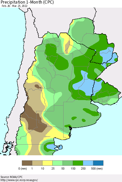 Southern South America Precipitation 1-Month (CPC) Thematic Map For 2/26/2022 - 3/25/2022