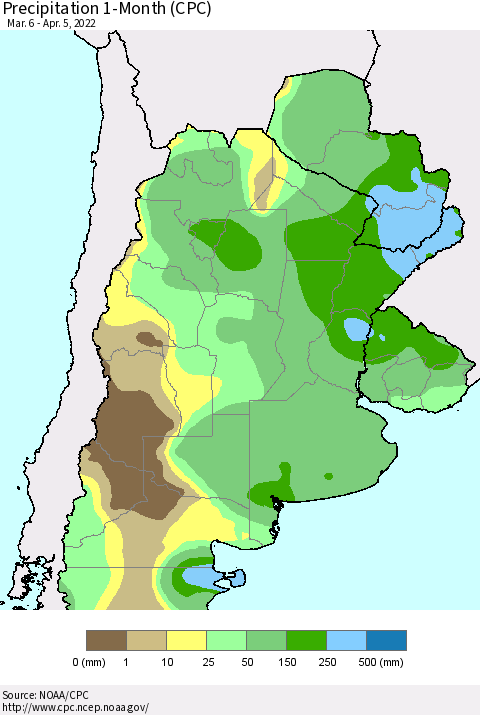 Southern South America Precipitation 1-Month (CPC) Thematic Map For 3/6/2022 - 4/5/2022