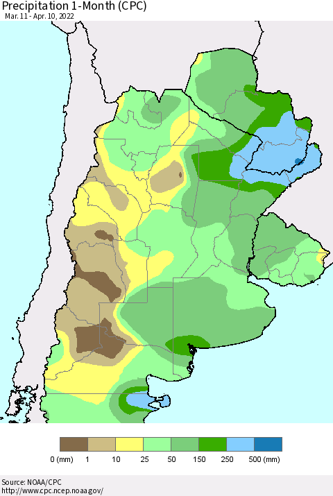 Southern South America Precipitation 1-Month (CPC) Thematic Map For 3/11/2022 - 4/10/2022
