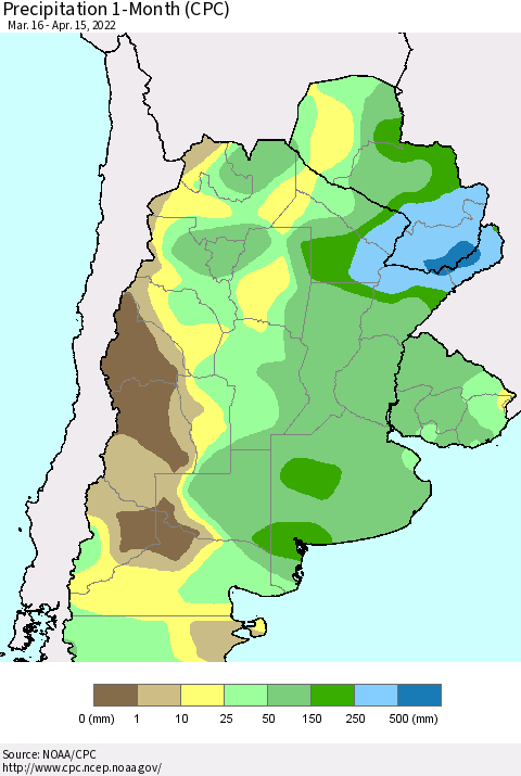 Southern South America Precipitation 1-Month (CPC) Thematic Map For 3/16/2022 - 4/15/2022