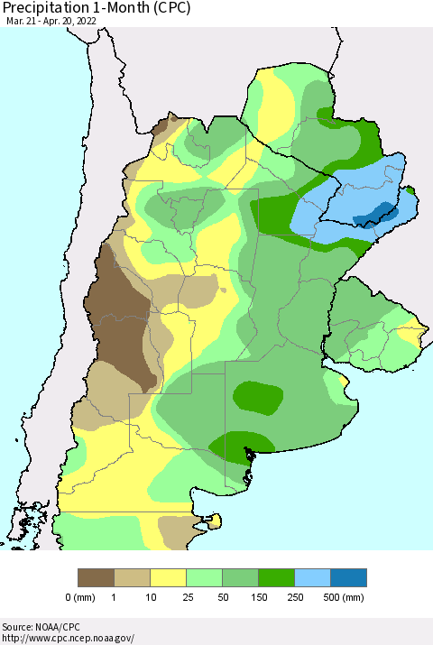 Southern South America Precipitation 1-Month (CPC) Thematic Map For 3/21/2022 - 4/20/2022