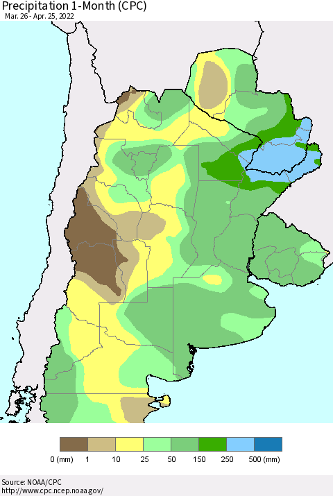Southern South America Precipitation 1-Month (CPC) Thematic Map For 3/26/2022 - 4/25/2022