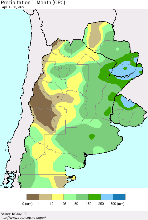 Southern South America Precipitation 1-Month (CPC) Thematic Map For 4/1/2022 - 4/30/2022