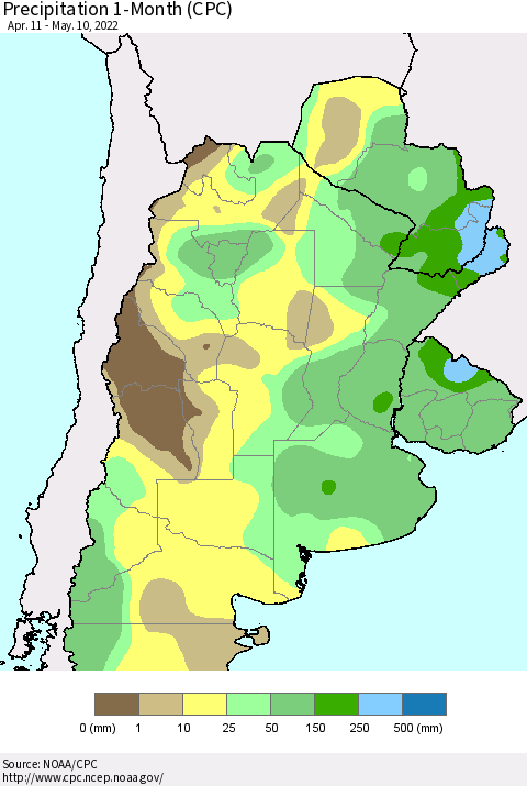Southern South America Precipitation 1-Month (CPC) Thematic Map For 4/11/2022 - 5/10/2022