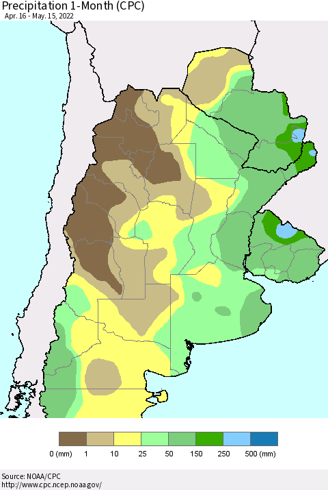 Southern South America Precipitation 1-Month (CPC) Thematic Map For 4/16/2022 - 5/15/2022