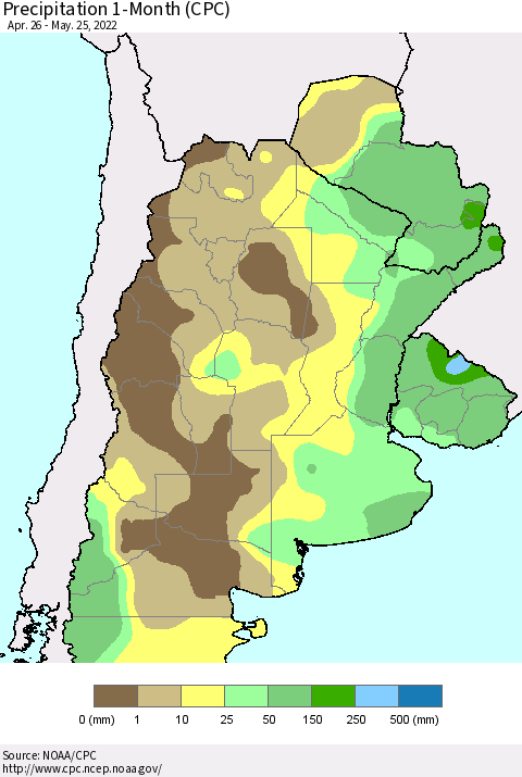 Southern South America Precipitation 1-Month (CPC) Thematic Map For 4/26/2022 - 5/25/2022