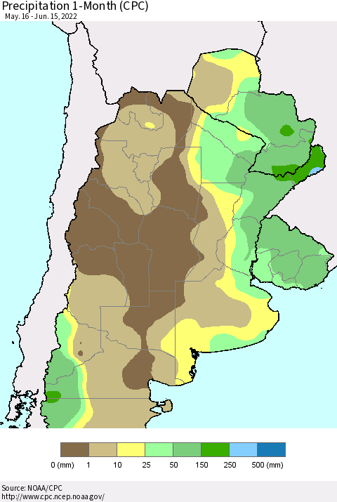 Southern South America Precipitation 1-Month (CPC) Thematic Map For 5/16/2022 - 6/15/2022