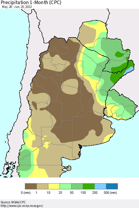 Southern South America Precipitation 1-Month (CPC) Thematic Map For 5/26/2022 - 6/25/2022