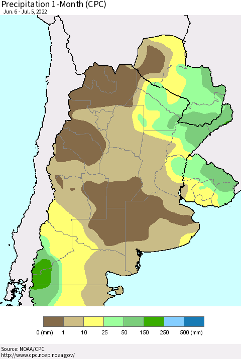 Southern South America Precipitation 1-Month (CPC) Thematic Map For 6/6/2022 - 7/5/2022