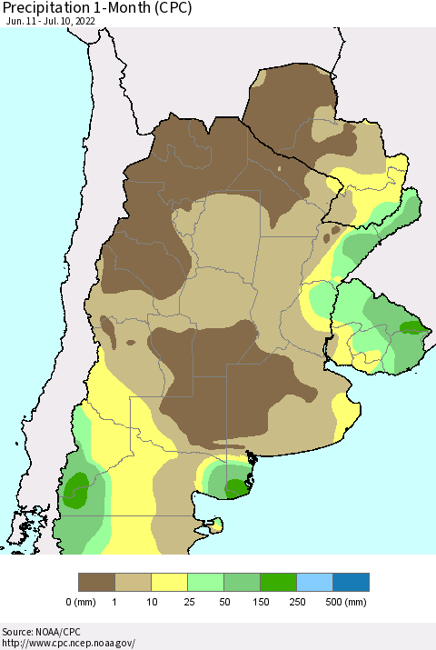 Southern South America Precipitation 1-Month (CPC) Thematic Map For 6/11/2022 - 7/10/2022