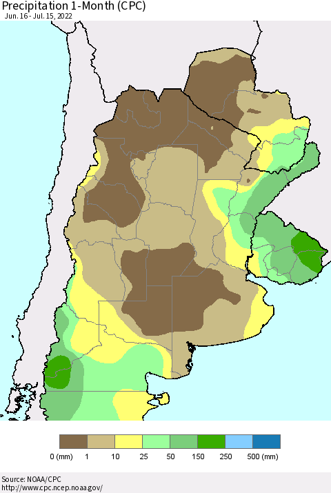 Southern South America Precipitation 1-Month (CPC) Thematic Map For 6/16/2022 - 7/15/2022